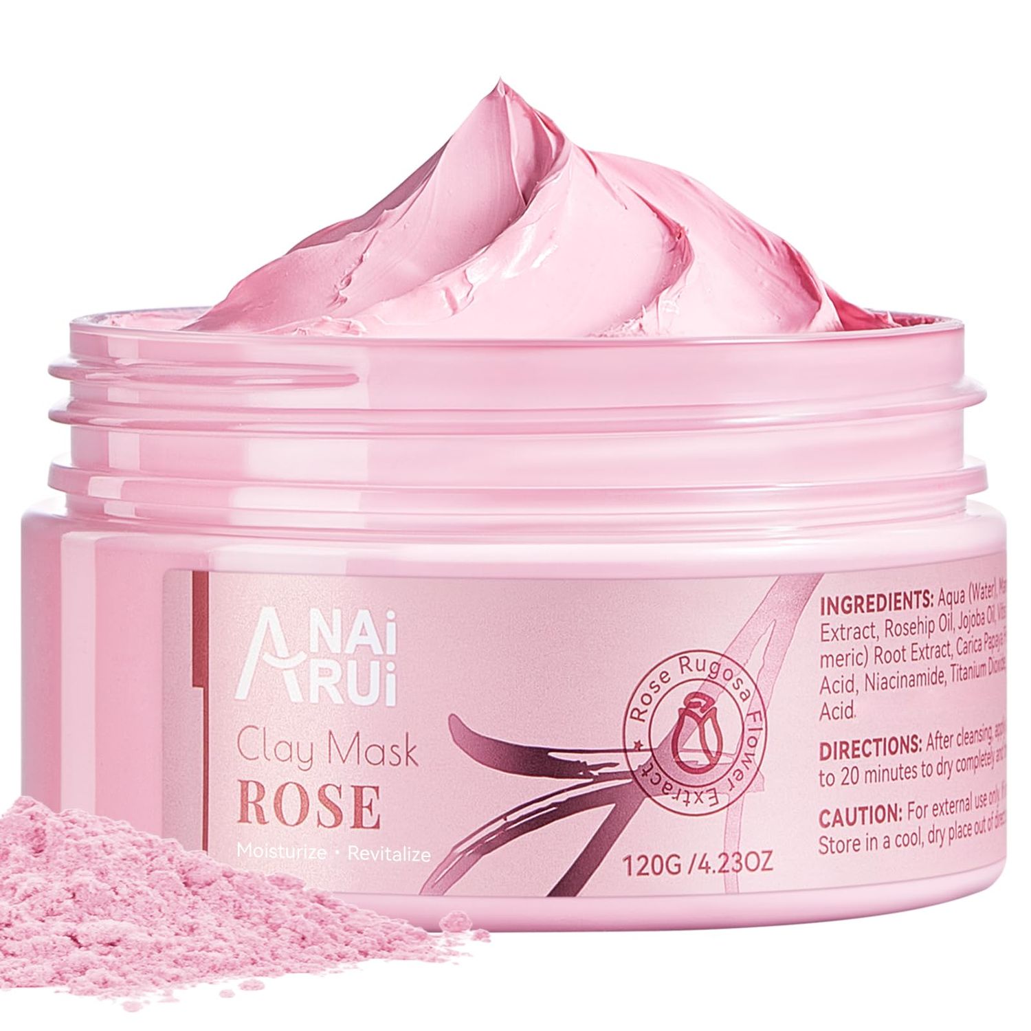 ANAI RUI Rose Facial Mask, Clay Mask with Kaolin Pink Clay, Niacinamide, Collagen, Hyaluronic Acid for Moisturizing &amp; Smooth Skin, Pores Minimizers, Blackhead Remover, 4.23 Oz