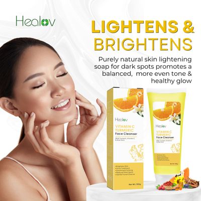Healov Turmeric Face Wash - Skin Brightening Turmeric Liquid Soap for Discoloration - Natural Anti Aging Exfoliating Turmeric Facial Cleanser for Spots, Acne, Sun Damage - Turmeric Soap Skincare
