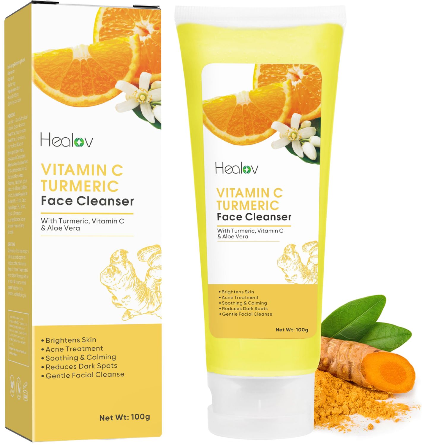 Healov Turmeric Face Wash - Skin Brightening Turmeric Liquid Soap for Discoloration - Natural Anti Aging Exfoliating Turmeric Facial Cleanser for Spots, Acne, Sun Damage - Turmeric Soap Skincare