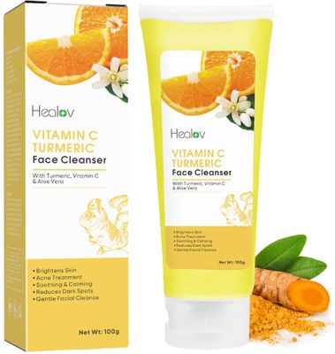 Healov Turmeric Face Wash - Skin Brightening Turmeric Liquid Soap for Discoloration - Natural Anti Aging Exfoliating Turmeric Facial Cleanser for Spots, Acne, Sun Damage - Turmeric Soap Skincare