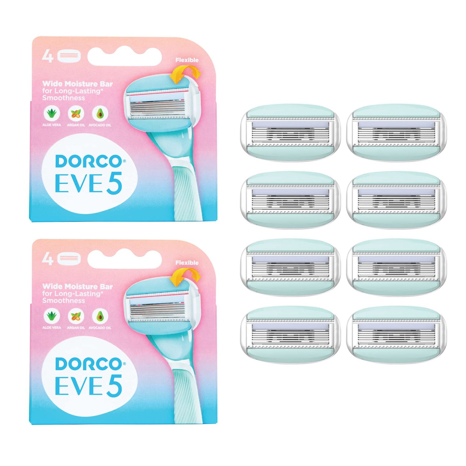 EVE 5 Razors for Extra Smooth Shaving (No Razor Handle, 8 Pcs Razor Blade Refills), Razors for Shaving with Aloe Vera Moisture Bar, Interchangeable Cartridge for Sensitive Skin