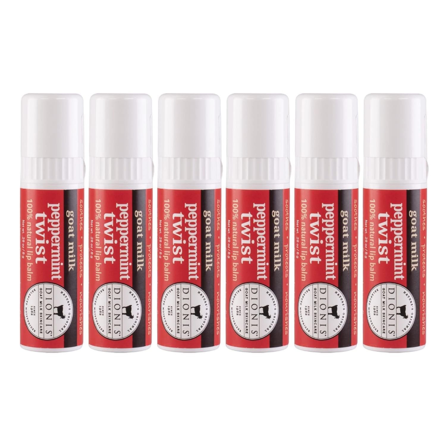 Dionis - Goat Milk Skincare Scented Lip Balm, Set of 6 (0.28 oz), Moisturize Dry and Chapped Lips, Cruelty-free and Paraben-free (Peppermint Twist)