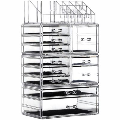 Cq acrylic 4 Pack Clear Make Up Organizers for Vanity, Stackable 11 Drawers Make Up Organizer,Cute Desk Organizer for Vanity Jewelry,Hair Clip,Beauty, Skincare Product Dresser Acrylic Drawer Organizer