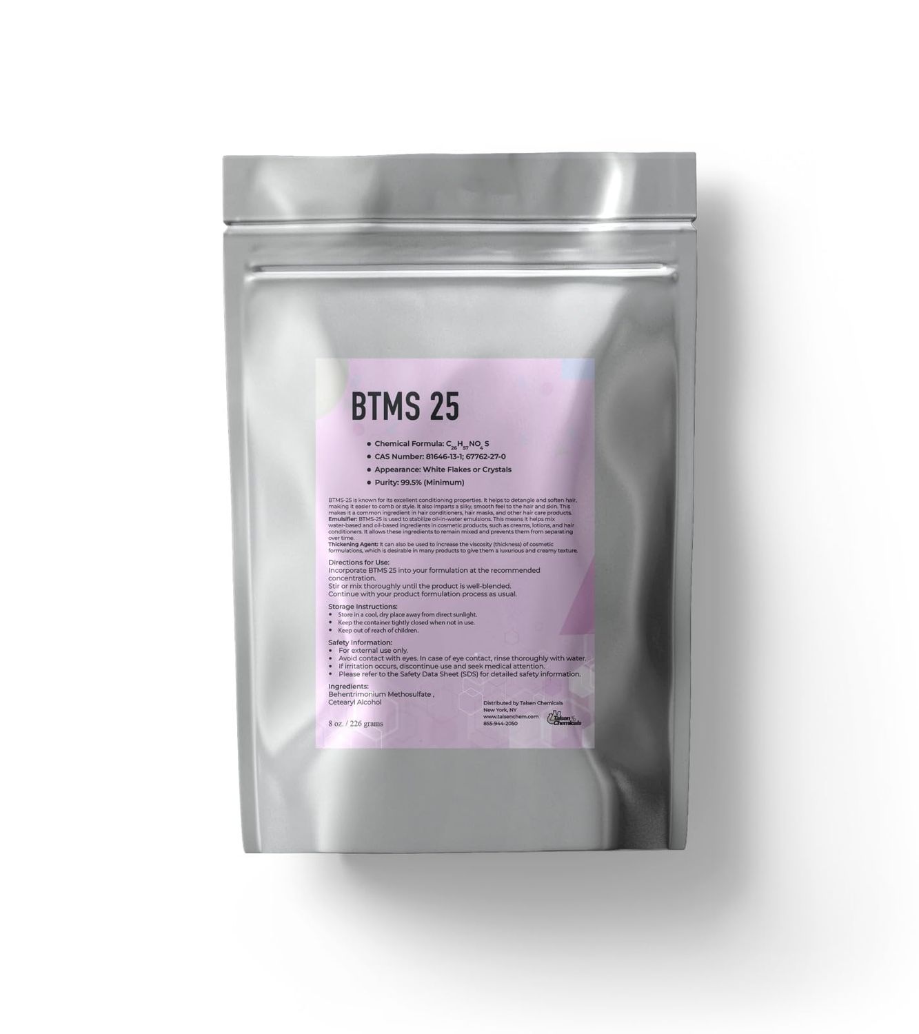 BTMS 25 Conditioning Emulsifier (8 Oz / 226 Grams) BTMS 25% Behentrimonium Methosulfate Cetearyl Alcohol Emulsifying Conditioner to Emulsify Lotions and Body Scrubs by Talsen Chemicals