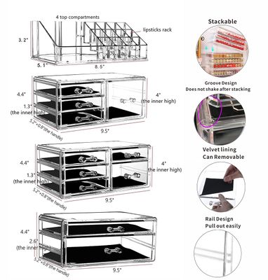 Cq acrylic 4 Pack Clear Make Up Organizers for Vanity, Stackable 11 Drawers Make Up Organizer,Cute Desk Organizer for Vanity Jewelry,Hair Clip,Beauty, Skincare Product Dresser Acrylic Drawer Organizer
