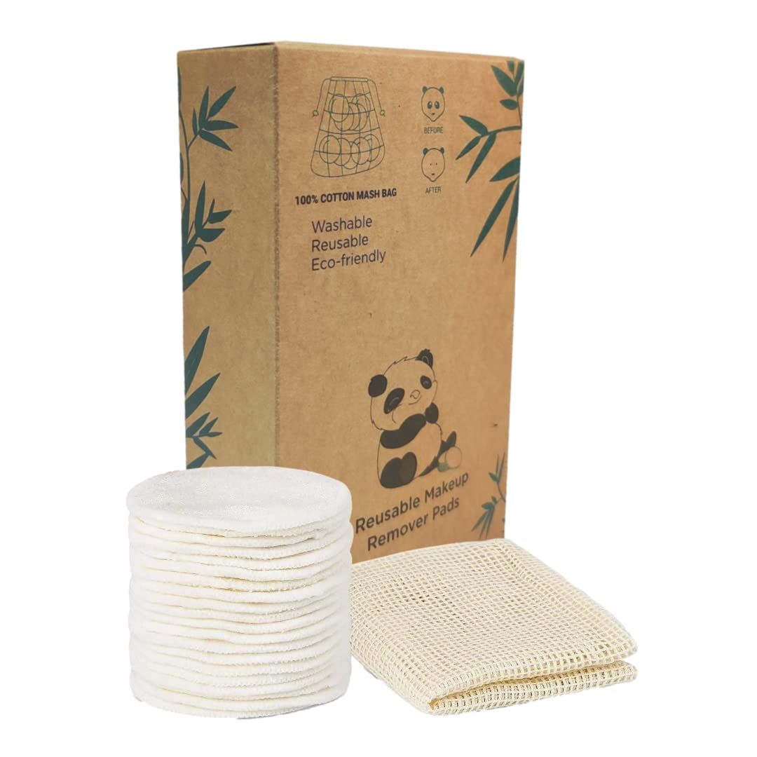 20 Piece Reusable Makeup Remover Pads with Cotton Laundry Bag, Washable Organic Eco-Friendly Natural Bamboo Cotton Rounds for All Skin Types
