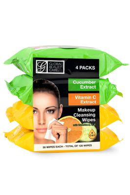Global Beauty Care Cleansing Makeup Removal Wipes Bulk - Great for travel toiletries - 120 Count (4-Pack) (Cucumber &amp; Vitamin C)