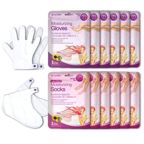 Epielle Moisturizing Hand &amp; Foot Masks (Glove &amp; Socks 12pk) for Dry Hand, Dry &amp; Cracked Heel Spa Masks Sunflower Seed Oil + Avocado Oil + Vitamin E,Mothers Day Gifts