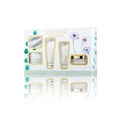 EVE LOM Glow Essentials Set | Includes Cleanser 20ml + half Muslin Cleansing Cloth, Foaming Cream Cleanser 20ml, Rescue Mask 15ml, &amp; Moisture Cream 15ml - 5 Piece Set