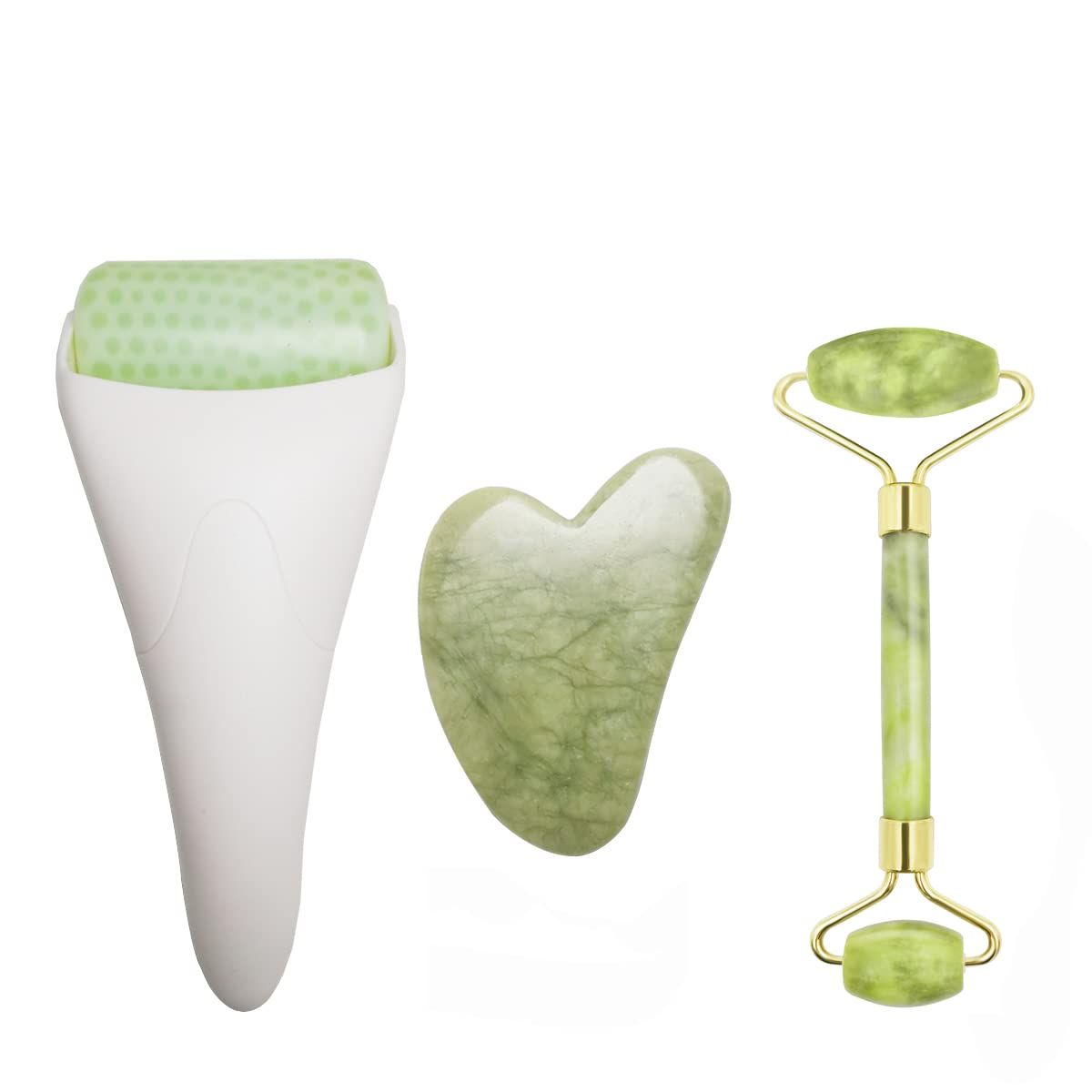 3 in 1 Ficial Face Ice Jade Roller and Gua Sha Tool, Natural Real Jade Anti-Wrinkle Face Eye Neck Massager Tool, Reduce Wrinkles, Puffiness, Migraine, Redness, Pain and Injury