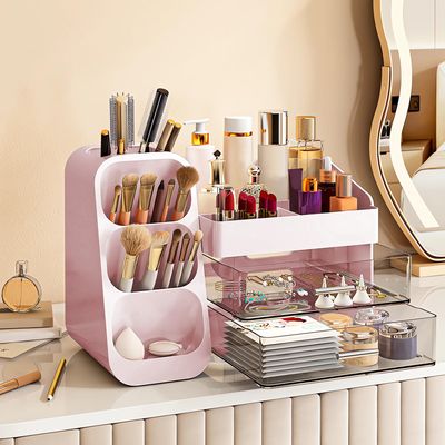 DASITON Makeup Organizer with Drawers for Vanity,Large Capacity Cosmetic Display Case with Makeup Brush Holder,Skincare Organizer for Bedroom Dresser Bathroom,Cosmetic Organizer Countertop(Pink)