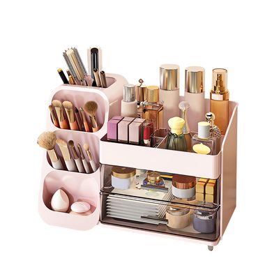 DASITON Makeup Organizer with Drawers for Vanity,Large Capacity Cosmetic Display Case with Makeup Brush Holder,Skincare Organizer for Bedroom Dresser Bathroom,Cosmetic Organizer Countertop(Pink)