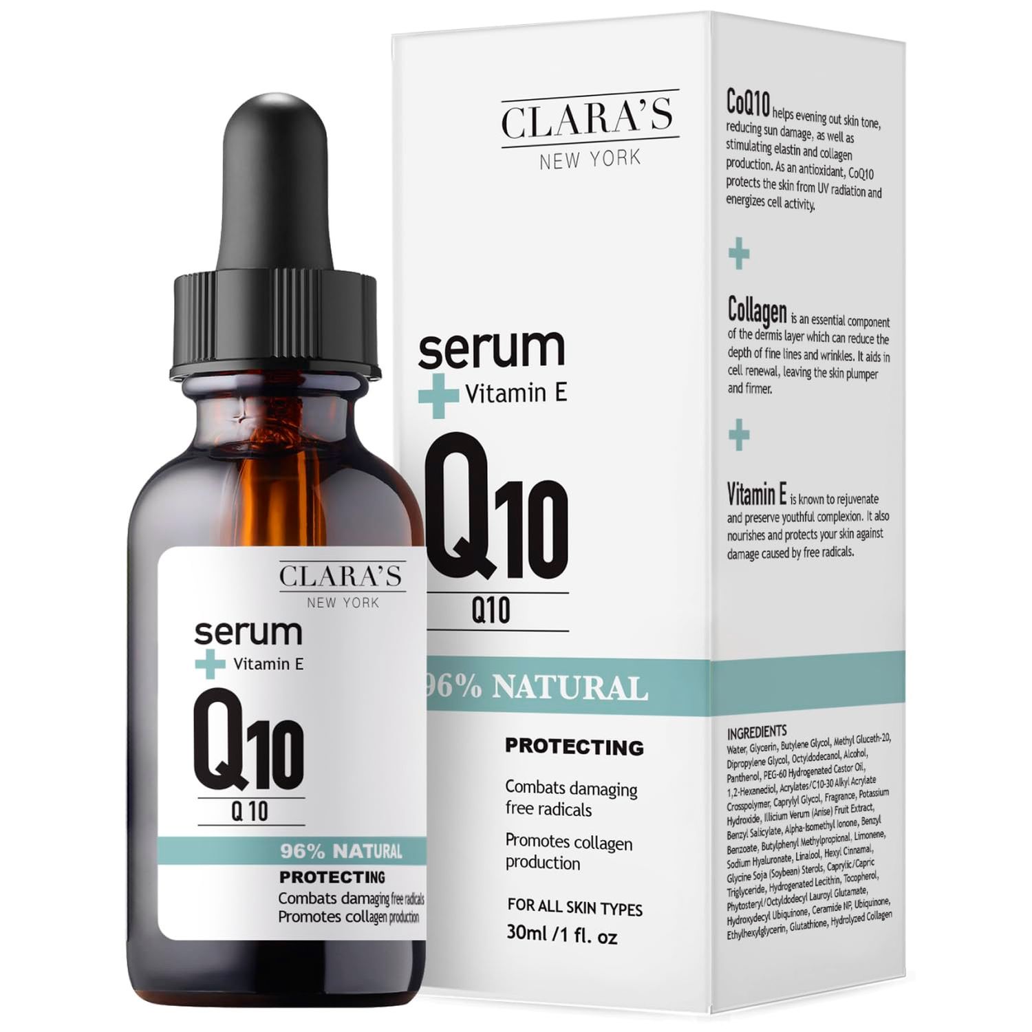 Clara&#39;s NEW YORK | Q10 Antioxidant Serum | with Hydrolyzed Collagen, Ceramide NP, Vitmain E | Anti-aging Protecting Repairing Skin Barrier Pore Minimizer Balancing Sebum | 30ml 1Fl oz | Made In USA