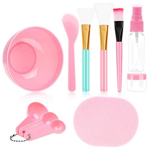 anezus 11 Pcs DIY Facial mask Mixing Tool Kit with Bowl Stick Spatula Silicone Brush Spray Bottle Puff Soaking Bottle Gauges (Pink)