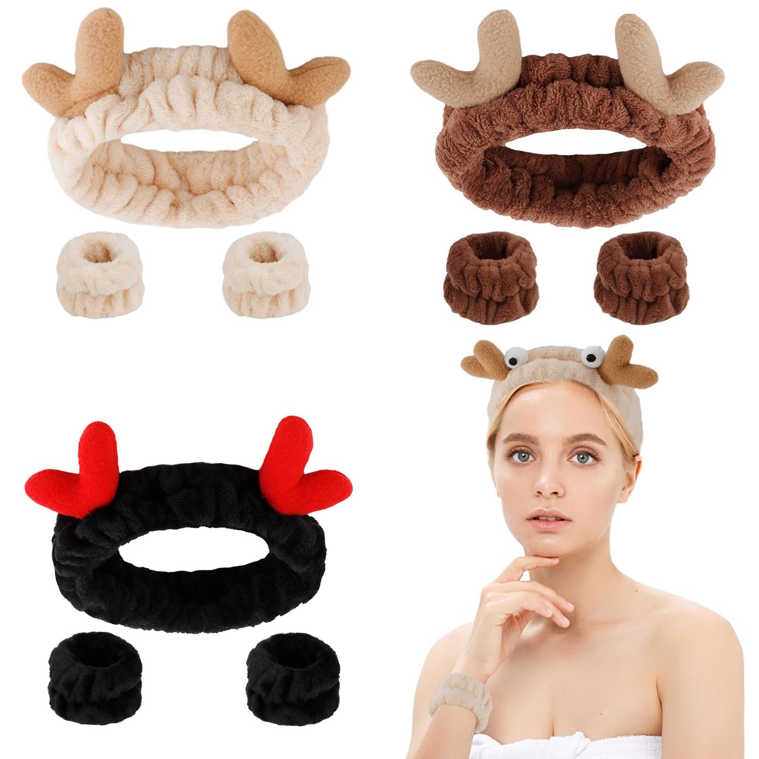CUBACO Headband and Wristband Set, Cute Animal Ear Headbands for Women - 1pcs Headband and 3pairs Wristbands in, Microfiber Wool, Soft, Comfortable, Absorbent, Hair Accessory, Skincare, Exercise, Gift