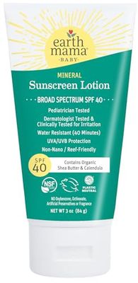 Earth Mama Baby Mineral Sunscreen Lotion SPF 40 | Reef Safe, Non-Nano Zinc, Natural Water Resistant Sun Cream for Babies, Kids &amp; Adults, 3-Ounce