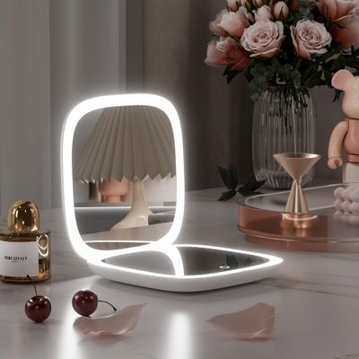 Hasipu Travel Mirror with Lights, Rechargeable Pocket Mirror, 1X/10X 2-Side Magnification Makeup Mirror, 3 Modes Light &amp; Dimmable Compact Mirror, Portable, Handheld Mirror for Gift