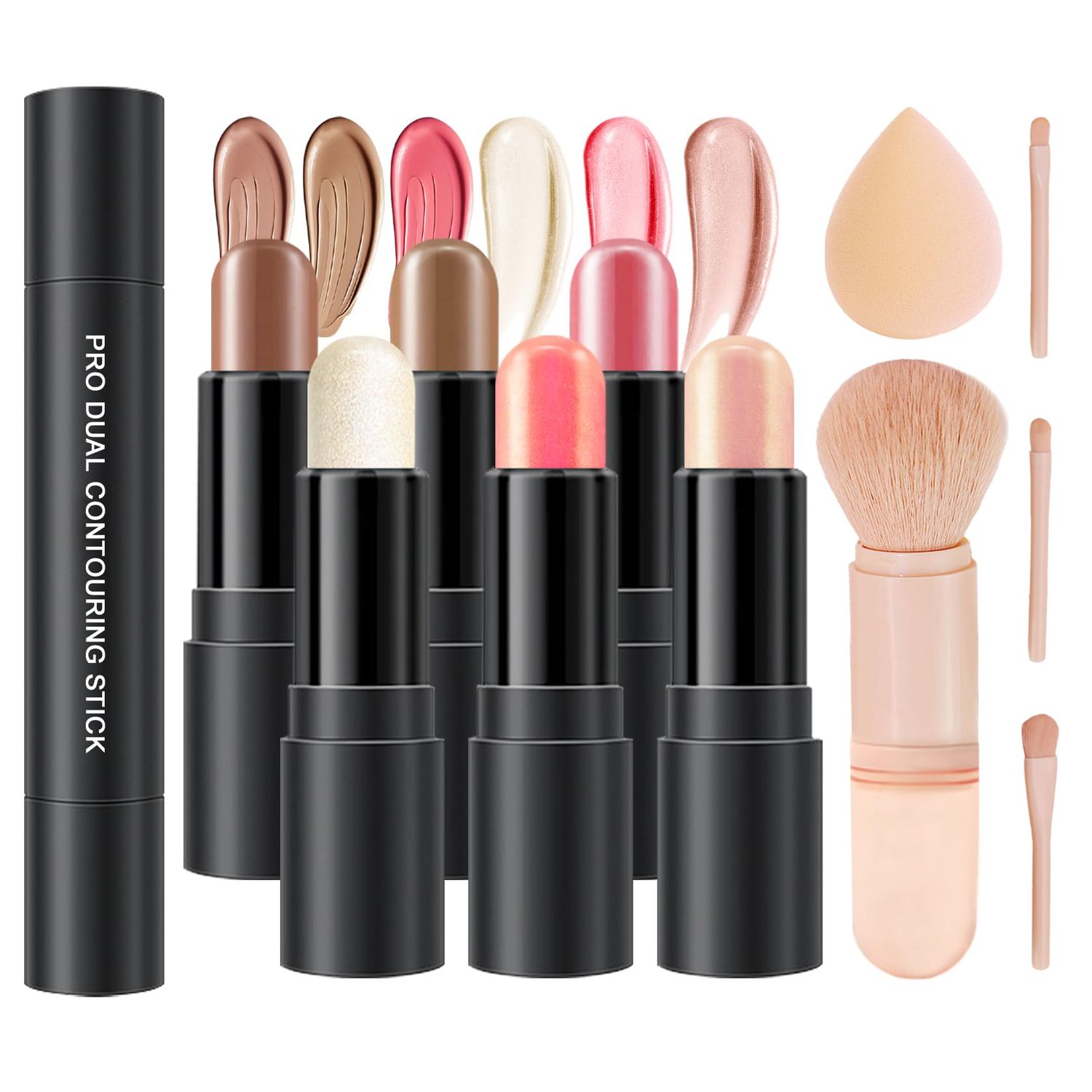 CAHIUYOA 6 Colors Cream Contour Stick Makeup Kit,Highlighter Makeup Stick and Bronzer Contour Stick for Beginner,Professional Contour Kit with Makeup Sponges and Multifunctional Makeup Brush
