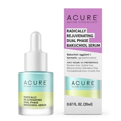 Acure Radically Rejuvenating Dual Phase Bakuchiol Serum - Anti-Aging &amp; Soothing Skin Support - All Natural Made with Eggplant, Turmeric &amp; Bakuchiol - Vegan Skin Care, Hydrates &amp; Defends - 0.67 oz