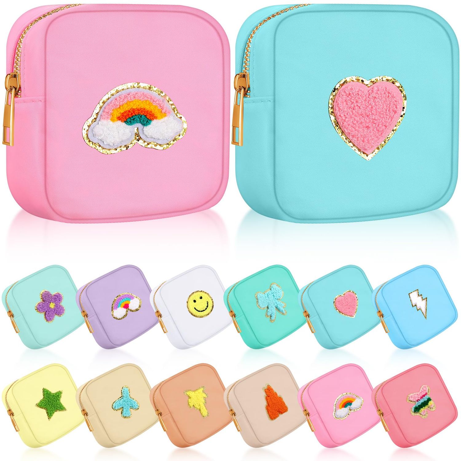 12 Pcs Preppy Patch Cute Makeup Bag Travel Cosmetic Toiletry Bag Chenille Skincare Bag Portable Nylon Bag Organizer Storage Purse Small Zipper Makeup Pouch Daily Use Storage Purse for Women Gift