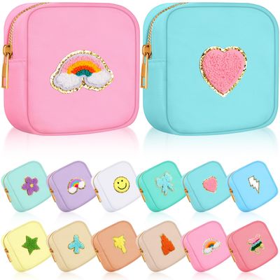 12 Pcs Preppy Patch Cute Makeup Bag Travel Cosmetic Toiletry Bag Chenille Skincare Bag Portable Nylon Bag Organizer Storage Purse Small Zipper Makeup Pouch Daily Use Storage Purse for Women Gift