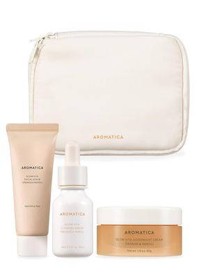 AROMATICA Glow Vita Trial Kit - Travel Size Skin Care Set [Vitamin C Serum 0.5 fl.oz, Facial Scrub 0.5 fl.oz, Goodnight Cream with Retinol 1oz] - Travel Kit for Women | Gift Set for Glass Skin