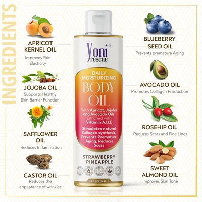 Daily Skin Moisturizing Body Oil with Apricot, Jojoba, Avocado Oil & Vitamin E Oil | Hydrating & Nourishing Bath Oil for all Skins | After Shower Oil | 8oz Strawberry Pineapple Scented Oil