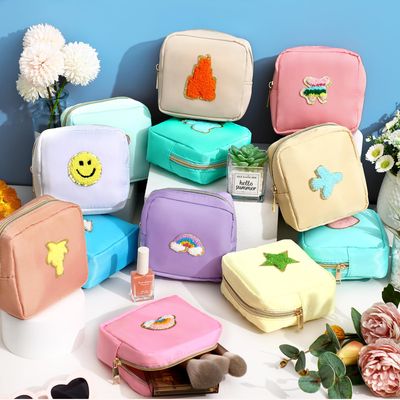 12 Pcs Preppy Patch Cute Makeup Bag Travel Cosmetic Toiletry Bag Chenille Skincare Bag Portable Nylon Bag Organizer Storage Purse Small Zipper Makeup Pouch Daily Use Storage Purse for Women Gift