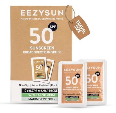 EEZYSUN Mineral SPF 50 Travel Size Sunscreen Snap Packets | Infused with Aloe Vera | Vegan &amp; Reef-Safe | Broad Spectrum, Non-Oily &amp; Natural with UVA/UVB Protection | 10 x 0.27 FL OZ