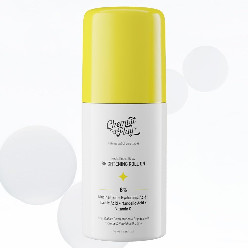 Chemist at Play Roll On Serum For Neck, Knee &amp; Elbow With 6% Vitamin C+ Hyaluronic Acid + AHAs + Niacinamide + Ceramides | Exfoliates, Removes Pigmentation, and Hydrates Dry Skin | 1.4 fl oz.