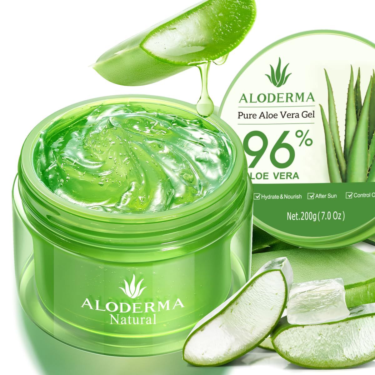 Aloderma Organic Aloe Vera Gel for Face &amp; Body, 96% Pure Aloe Gel Made within 12 Hours of Harvest, Ideal for Skin, Scalp, &amp; Hair Hydration, Calming Moisturizer for Soothing After Sun Care Relief, 7oz