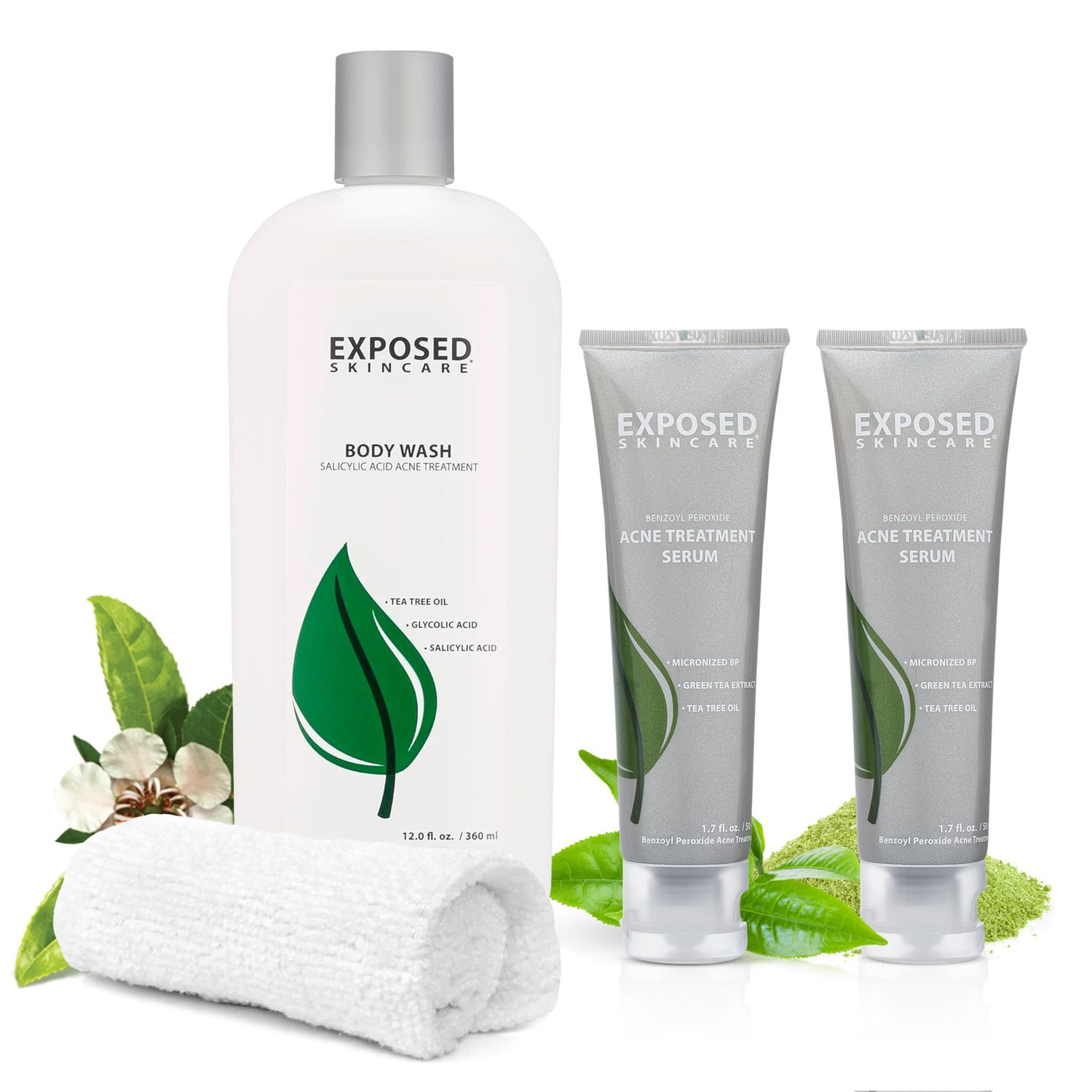 Exposed Skin Care Body Acne Kit - Dual Acne Treatment Serums + Body Wash and Exfoliating Body Cloth - Powerful System Eliminates Pimples and Breakouts to Quickly Clear Back and Body Acne