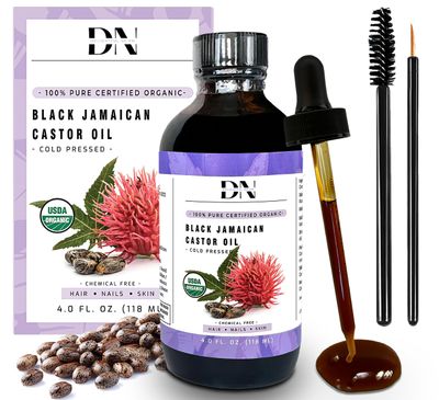 DN USDA Certified Organic Jamaican Black Castor Oil, Hexane-Free Cold-Pressed (4 Fl Oz) in Glass Bottle - Unrefined, For Hair Growth &amp; Skin Care