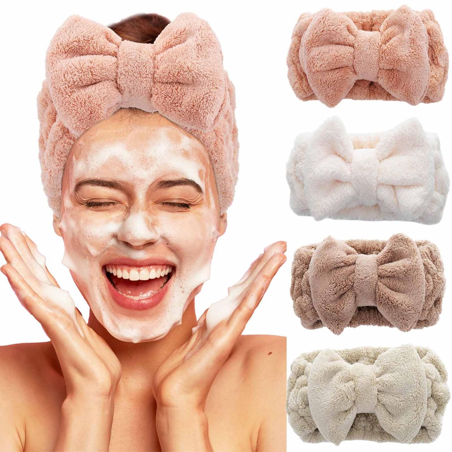 Acenail Spa Headband for Washing Face Makeup Headbands Bow Extra Wide Hairbands Face Wash Head Band Bowknot Skincare Hair Bands Coral Fleece Hairband Shower Facial Head Wraps for Women Girls 4Pcs (B)
