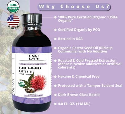 DN USDA Certified Organic Jamaican Black Castor Oil, Hexane-Free Cold-Pressed (4 Fl Oz) in Glass Bottle - Unrefined, For Hair Growth &amp; Skin Care