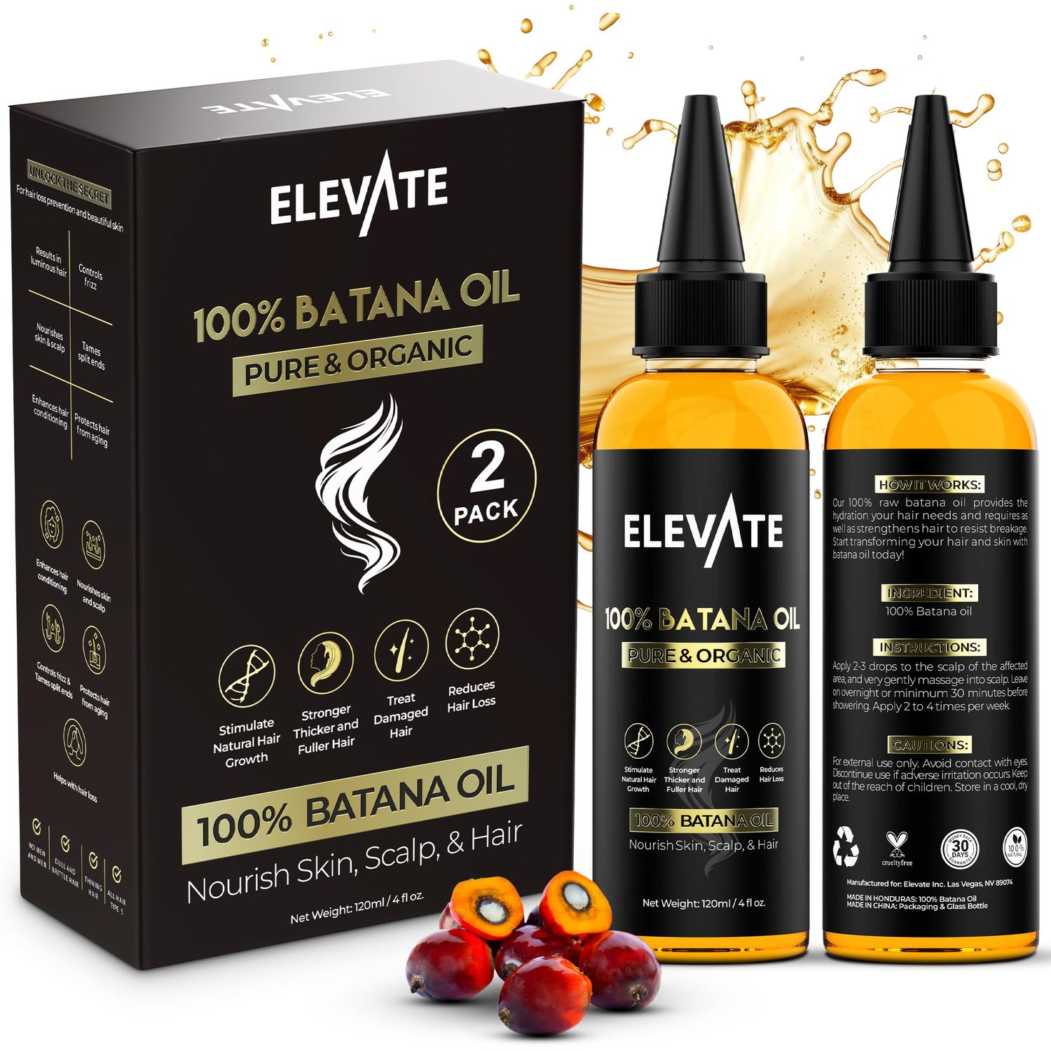 Elevate Batana Oil for Hair Growth | 100% Pure &amp; Natural Raw Dr. Sebi Organic Oil from Honduras | Cold Pressed Chemical-Free for Hair Thickness &amp; Scalp Care Skin | Thicker Stronger Hair 4 Fl Oz 2 Pack