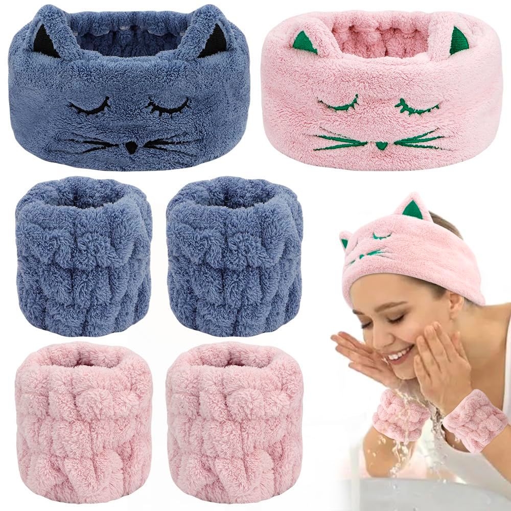 AHONEY Hairband, 6 Count (Pink &amp; Blue) - Face Washing Wristbands and Headband Set, Cute Makeup Spa Skincare Headbands Wrist Bands for Women Girls, Elastic Hair Band, Microfiber, Adjustable
