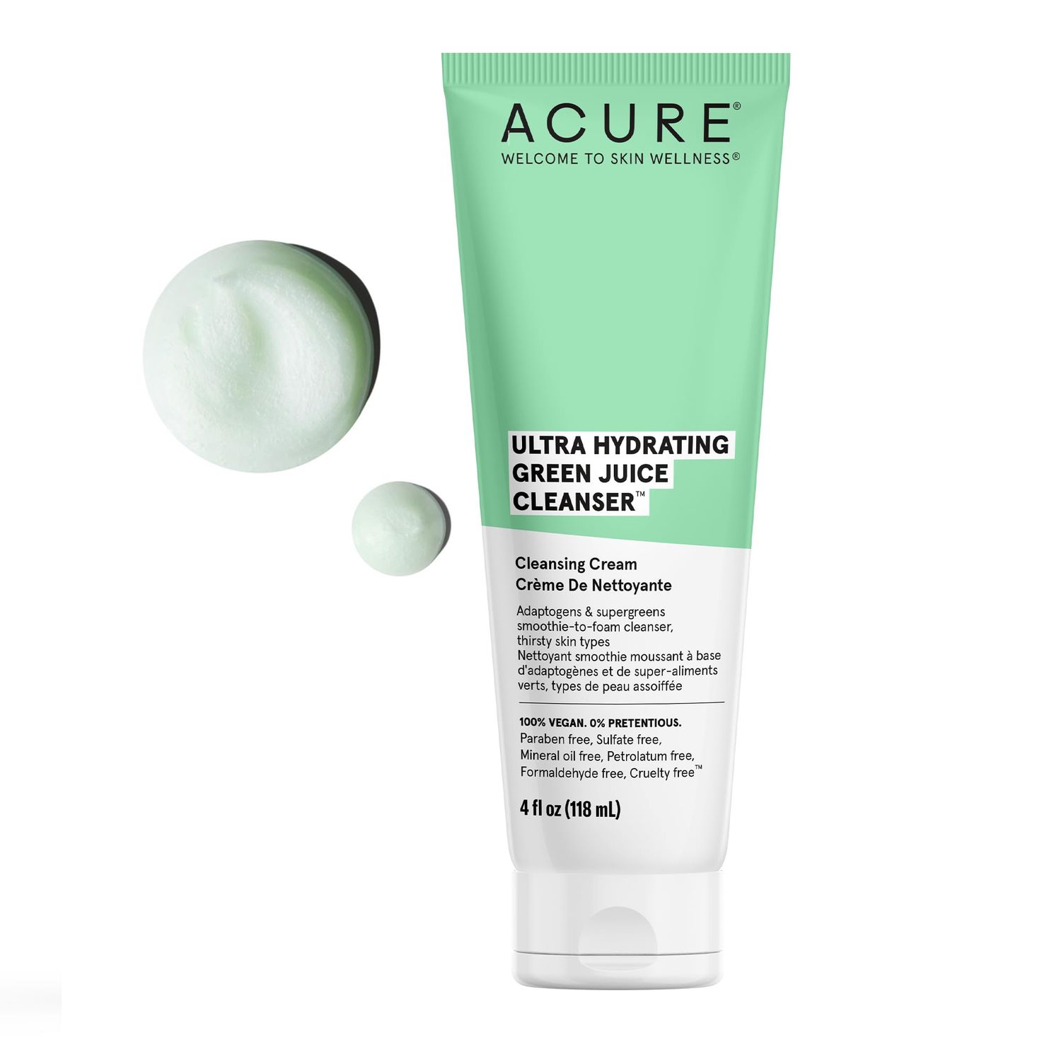 Acure Ultra Hydrating Green Juice Face Cleanser - Day &amp; Night Facial Cleansing Foam, 4 fl oz