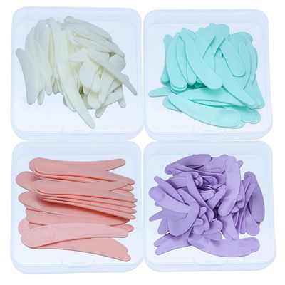 Apoukmty 200pcs Mini Spatula for Cosmetics, Bulk Disposable Makeup Spatulas Mini Plastic Makeup Scoop Spatulas for Cosmetic Mixing and Sampling with 4 Storage Box (4 Colors)