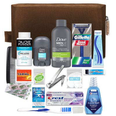 Convenience Kits International Mens Premium 20-Piece Kit with Travel Size TSA Compliant Essentials, Featuring: Dove Men &amp; Care Products in Brown Dopp Bag