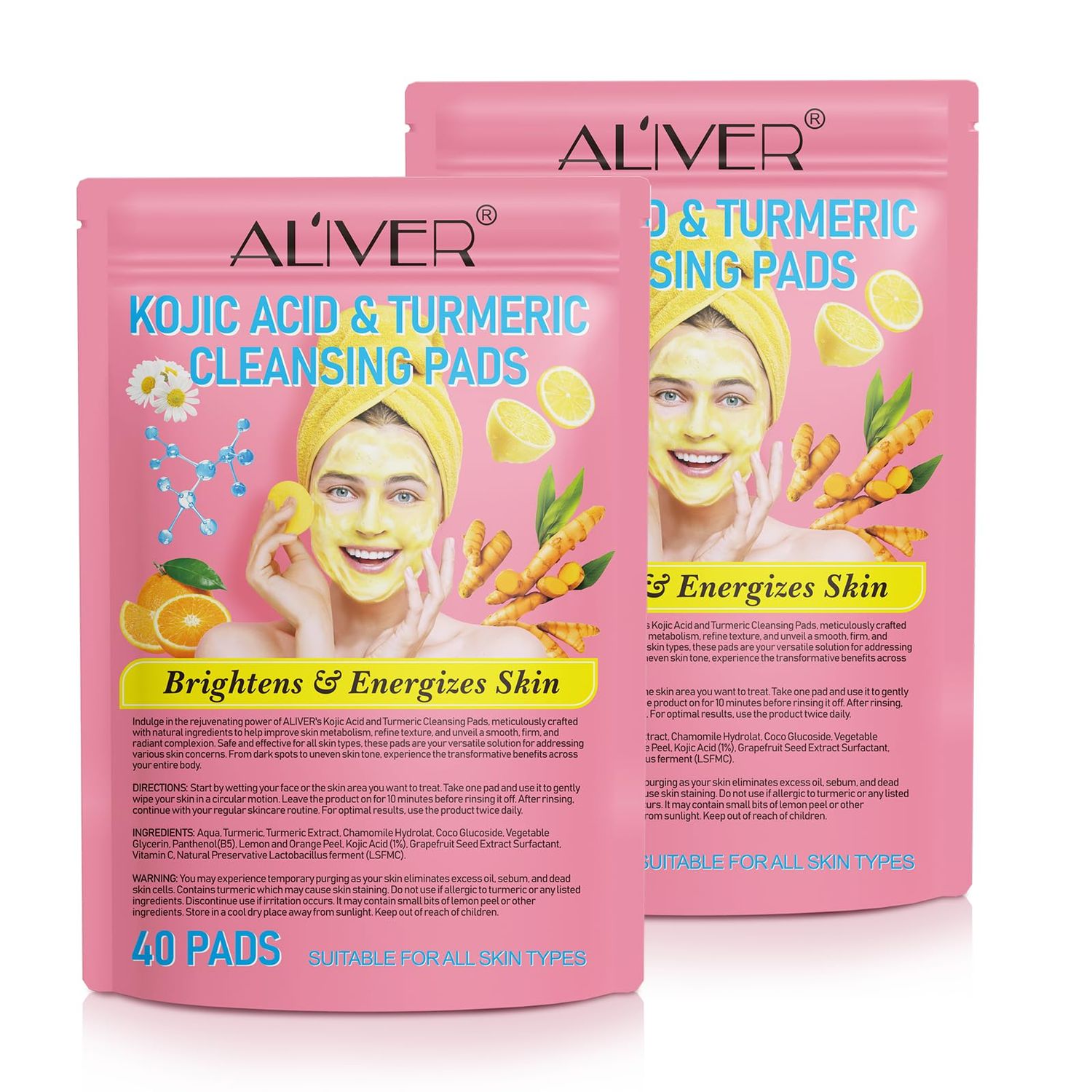 2 Pack Turmeric Cleansing Pads, Turmeric Exfoliating Pads for Face, Turmearic Cleansing Pads with Vitamin B5, Vitamin C, Turmeric Pads Infused Foaming Exfoliating Pads
