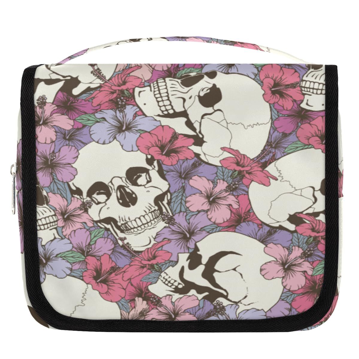 CFERSAN Hanging Toiletry Bag for Women &amp; Men Small Travel Makeup Skincare Necessaire Organizer Kit Cosmetic Bags Waterproof Shower Pouch Expandable Compartments Abstract Skeleton Flowers