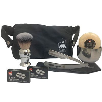 G.B.S Mens Wet Shaving Kit, Interchangeable Shaving Razor, Synthetic Badger Hairbrush, Mesh Travelling Toiletry Bag, Shavette Razor