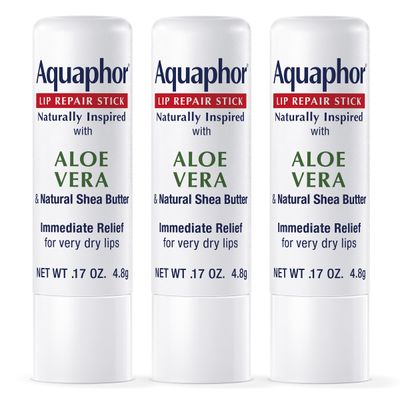 Aquaphor Naturally Inspired Lip Repair Stick with Aloe Vera and Natural Shea Butter, Hydrating Lip Balm Stick Immediately Relieves Dryness and Soothes Chapped Lips, 0.17 Oz Stick, Pack of 3