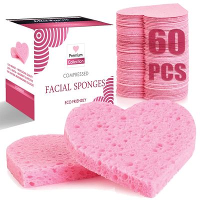 60-Count Compressed Facial Sponges, 100% Natural Cosmetic Spa Sponges for Facial Cleansing, Exfoliating Mask (Pink Heart)