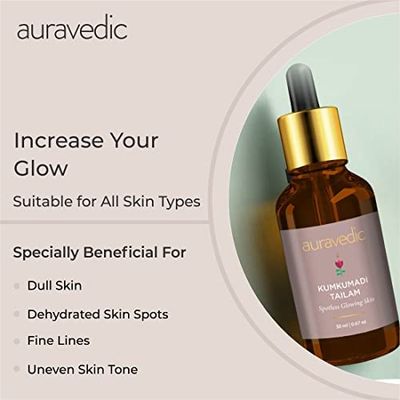 Auravedic Kumkumadi Tailam Face Oil | Helps Reduce Fine Lines & Spots | Hydrates Dry & Dehydrated Skin | Fast-Absorbing & Lightweight | Saffron Facial Moisturizer | 1.01 Fl Oz/30ml (Pack of 2)