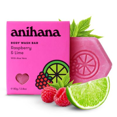 ANIHANA Body Wash Bar with Coconut Oil and Aloe Vera, Soap Free, Moisturizing, Gentle, Soft Skin Care, Refreshing Raspberry &amp; Lime Scent 2.8 Oz