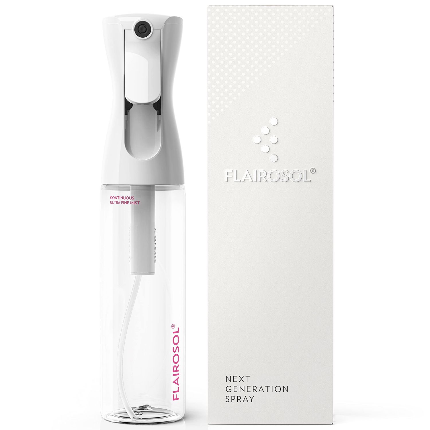 FLAIROSOL - The Original, Continuous Ultra Fine Mist Spray Bottle, Multi-Tasking Marvel for Hair, Skin, Home, Pet Care and more, Refillable and Reusable, 10.1oz/300ml (Clear Bottle-Pink Print)