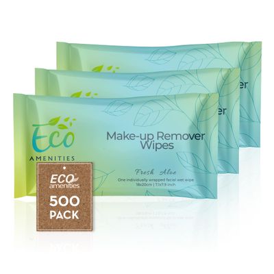 EcoAmenities Individual Makeup Remover Wipes Bulk - Travel Make Up Face Wipes Individually Wrapped for Women - 500 Pack Singles for Face, Eyes, Lips - Gentle &amp; Suitable for all Skin Types