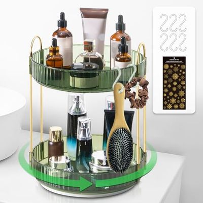 360 Rotating Makeup Organizer for Vanity,Lazy Susan Organizer Large Skincare Make Up Storage Perfume Organizers Cosmetic Dresser Organizer Countertop Organizer with Hooks DIY Stickers for Bathroom
